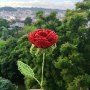 Hand-Crocheted Rose Flower with Stem - Red