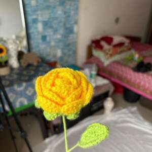 Hand-Crocheted Rose Flower with Stem - Yellow